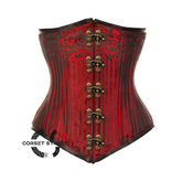 Red Brocade Double Boned Front Antique Clasps Long Underbust Steampunk Corset
